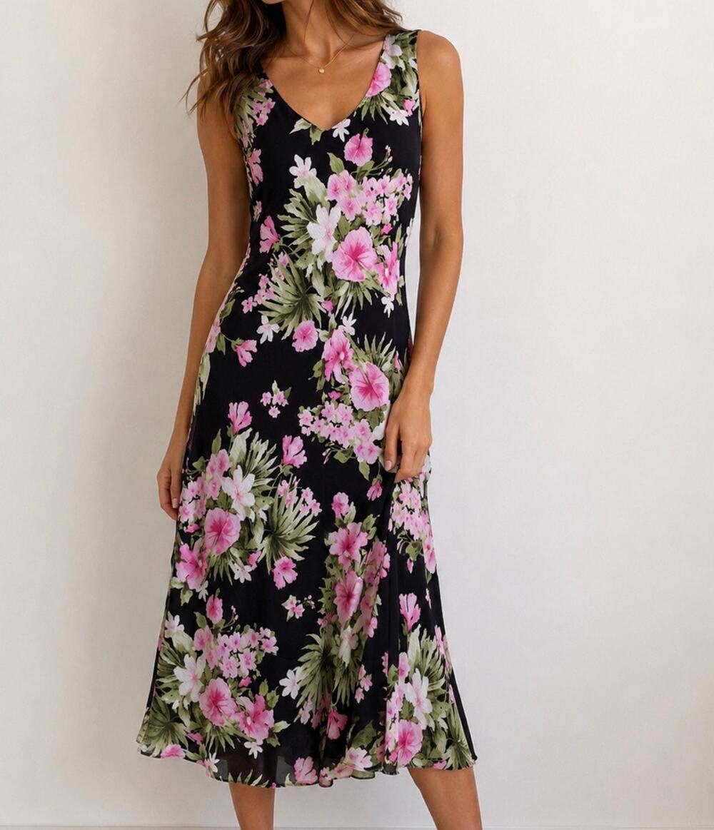 Dressbarn Black Pink Floral Tropical Midi Dress Sleeveless Size 10